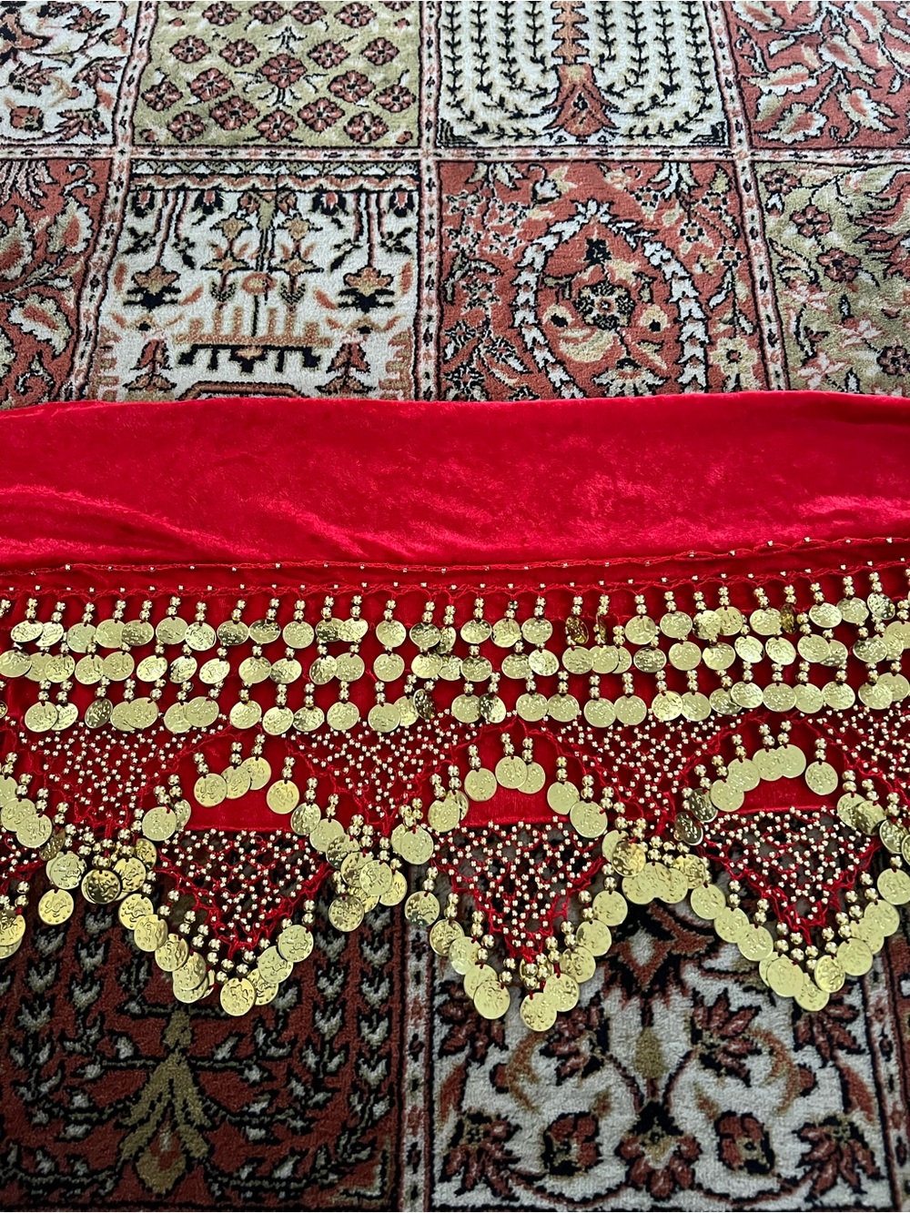 Red Velvet Belly Dance Hip Scarf with Gold Coins